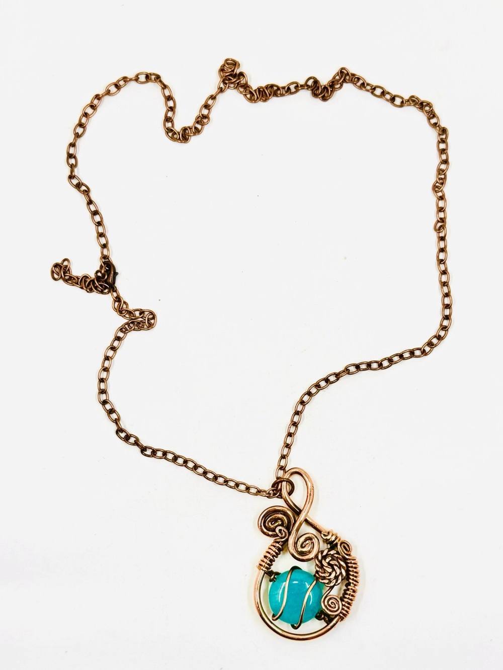 Artisan Copper Wire-Wrapped Blue Stone Pendant Necklace 28”